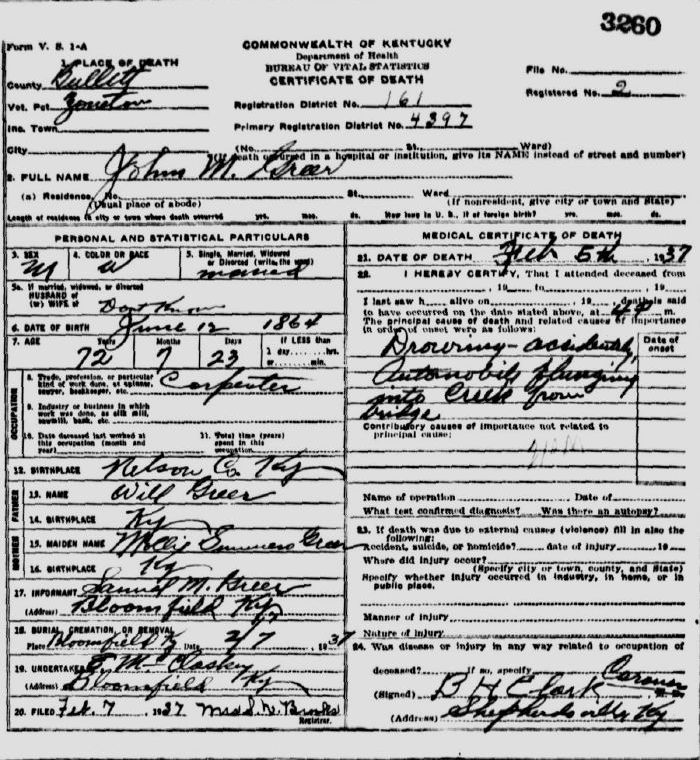 Bullitt County History - 1937 Flood - Death Certificates