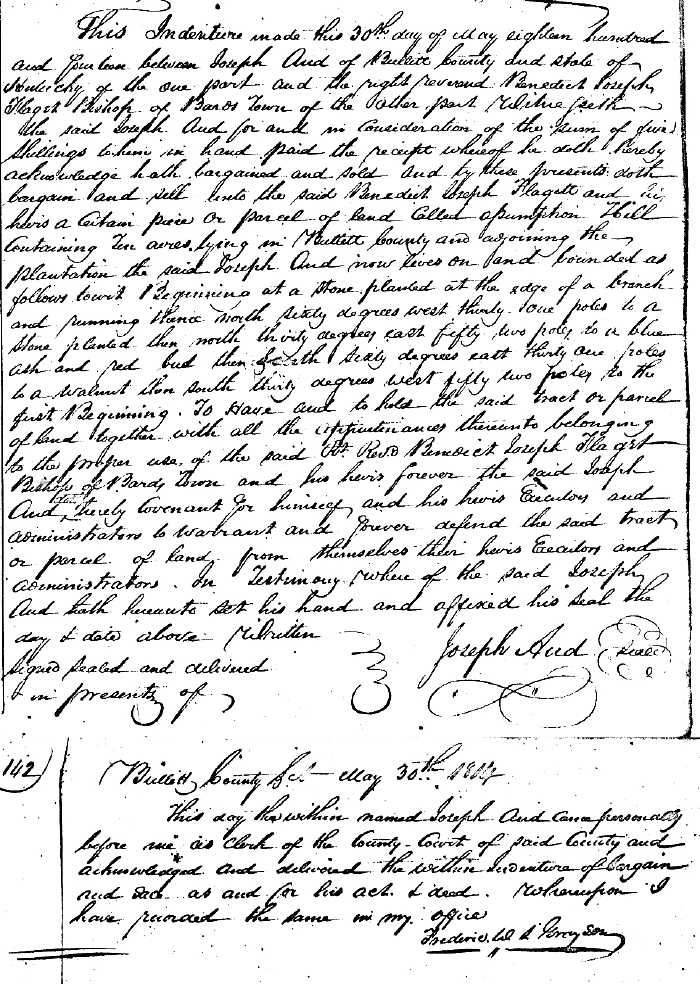 Joseph Aud To Bishop Flaget Deed for St. Johns