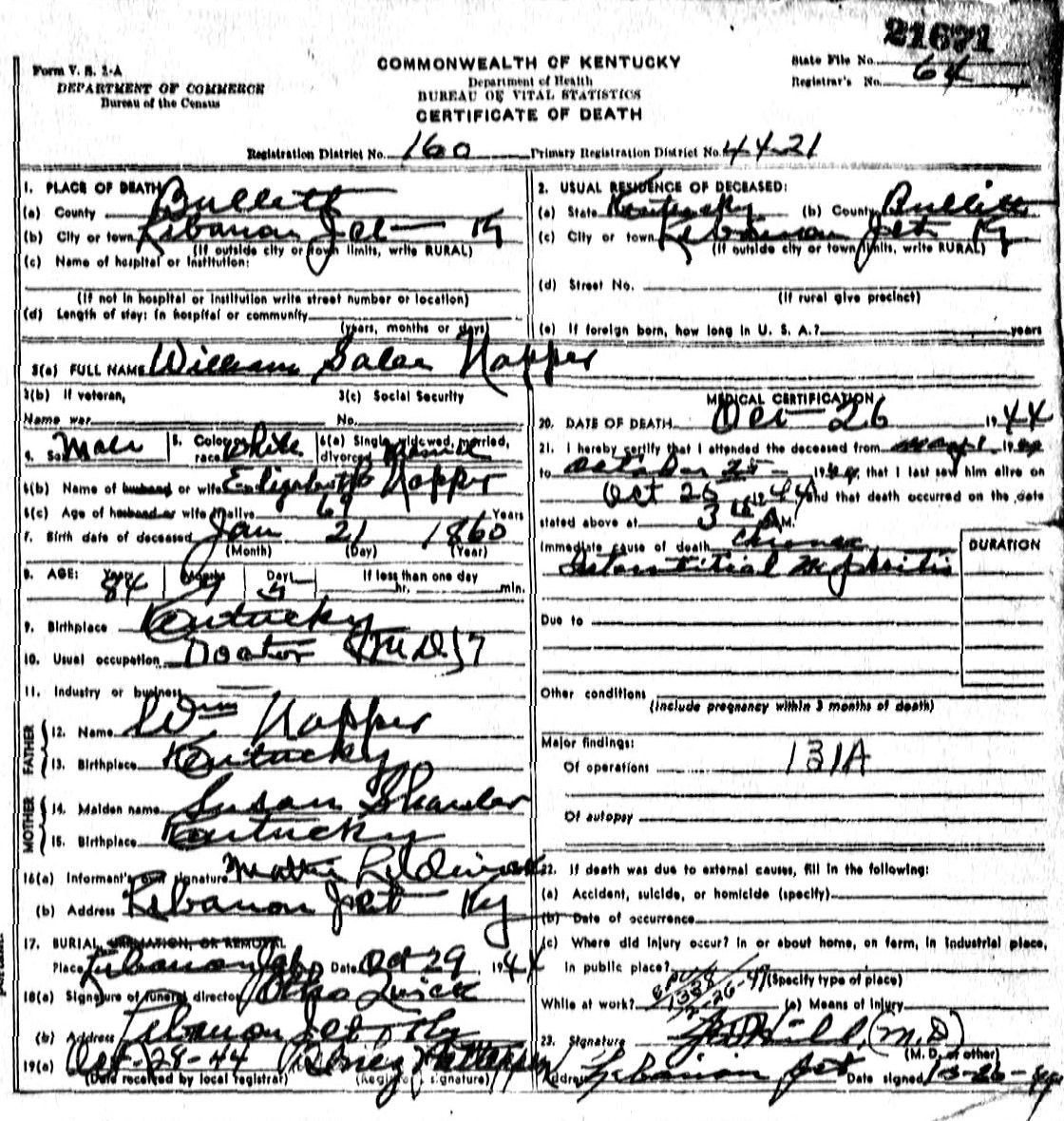 Dr. William S. Napper Death Certificate