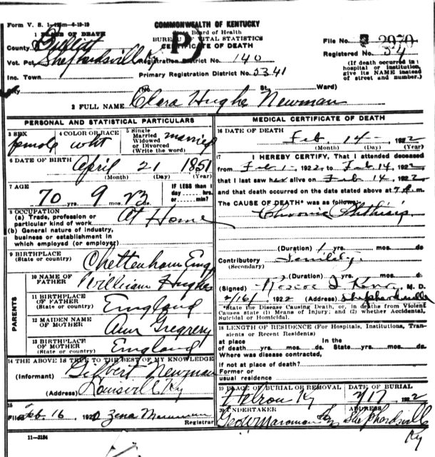 Clara Hughes Newman Death Certificate