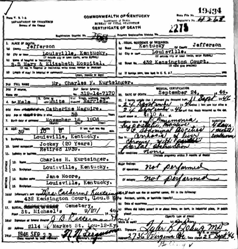 Charley Kurtsinger Death Certificate